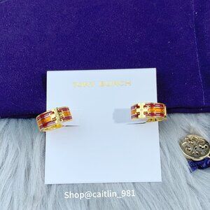 Tory Burch Kira Enamel Huggie Hoop Earring Shiny Hematite